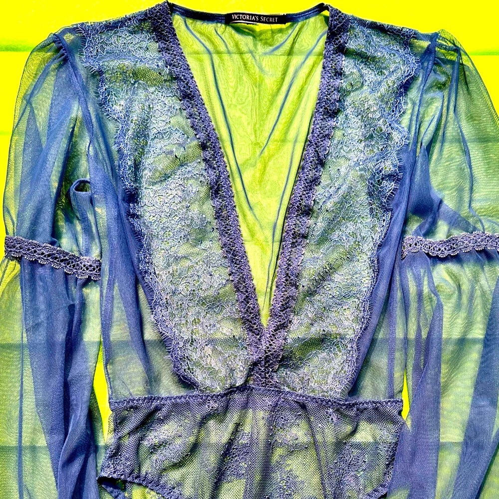 Victoria’s Secret deep plunging lace bodysuit, new with vibrant color accents.